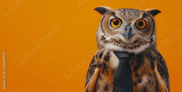 Obraz Curious owl wearing a necktie against a solid orange background, blending wildlife with a touch of humor and sophistication