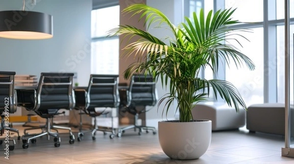 Fototapeta Palm plant in a pot in the corner of a room in a modern minimalist interior