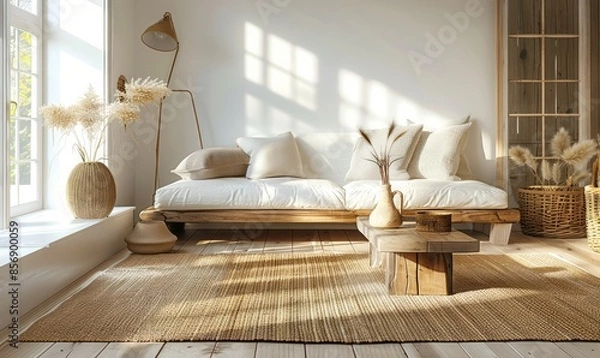 Fototapeta Rustic living room with an empty table mat