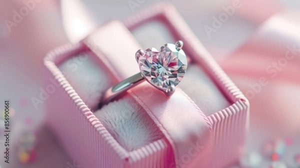 Fototapeta Close up of an elegant diamond ring in pink box. Romantic proposal with stylish simplicity. Love and wedding concept
