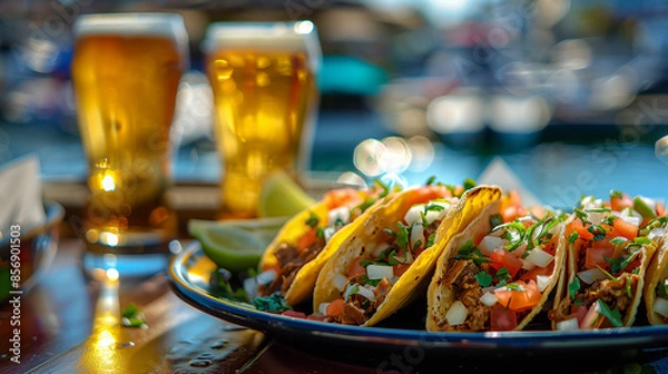 Fototapeta A plate of tacos with a glass of beer on the table