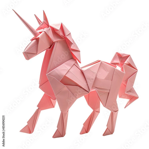 Fototapeta Angled view of a pink origami unicorn isolated on a white transparent background