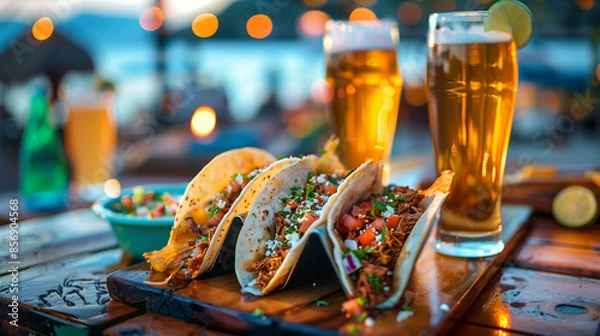 Fototapeta A plate of tacos with a glass of beer on the table
