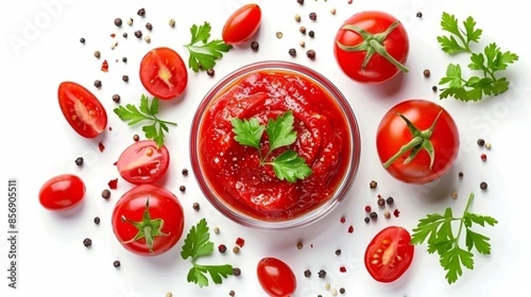 Fototapeta Tomato sauce in glass bowl with parsley and pepper on white background