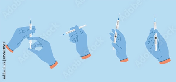 Fototapeta Set of doctor hands holding syringe to inject medicine. Doctor hands making an injection. Vaccination concept