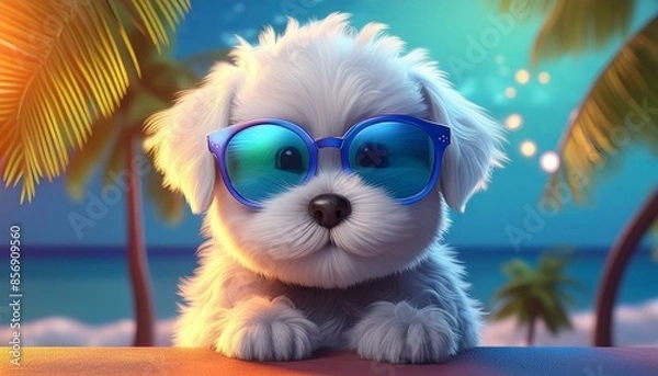 Fototapeta 썬글라스를 낀 3D 귀여운 아기 말티즈 강아지