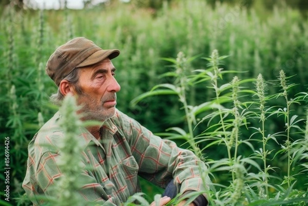 Fototapeta Farmer checking organic cannabis sativa plants One senior farmer examining growth process in the hemp field