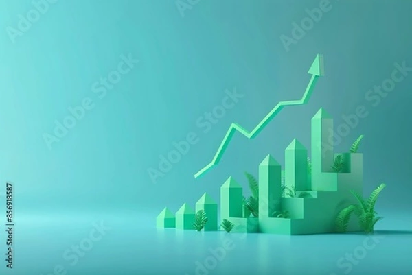 Fototapeta Green graph displaying upward growth trend with an arrow, symbolizing business success and financial growth in an eco-friendly concept. 3D Illustration.