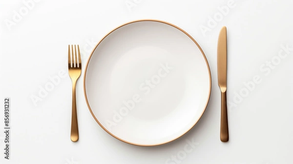 Fototapeta White Plate with Golden Border, Golden Fork and Knife on White Background
