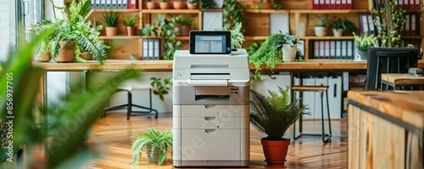Obraz Modern office with a multifunction printer surrounded by green plants and wooden furniture