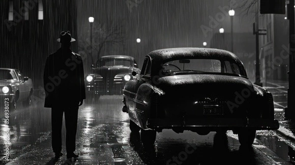 Fototapeta A silhouette of a man in a rain-soaked street at night, standing beside a classic car with streetlights illuminating the scene, capturing a vintage, noir ambiance.