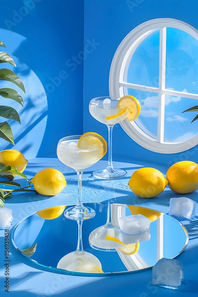 Fototapeta A blue and white background with a window, round mirror and a cocktail with ice cubes and lemons.
