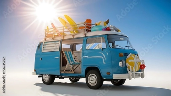 Obraz Blue van with deck chair and beach accessory 3D Rendering