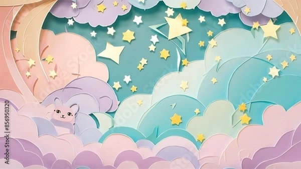 Fototapeta Colorful Sky with Clouds and Stars Background in a paper cut wallpaper