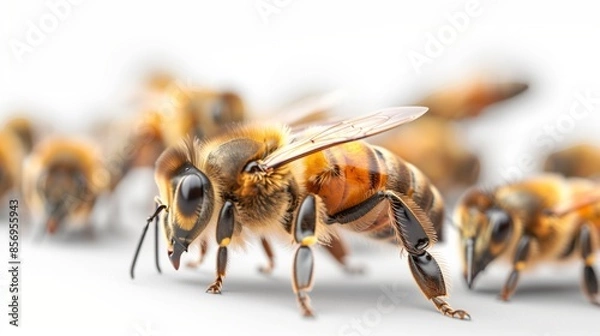 Fototapeta Close-up view of honeybees gathering on white backdrop.