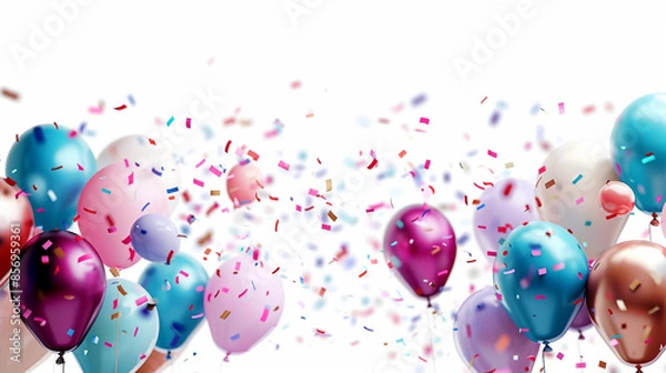 Fototapeta Colorful Birthday Party Background with Balloons, Cake, and Confetti for Joyful Celebrations and Festive Events