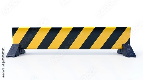 Fototapeta A yellow and black striped traffic barrier is shown in isolation with a white background. The barrier is typically used for blocking off areas or indicating caution in various environments.