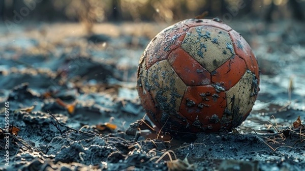 Fototapeta Vintage Soccer Ball in Muddy Field with Autumn Leaves at Sunset