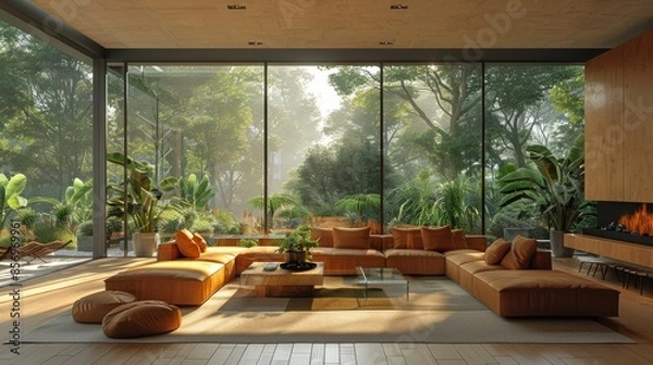 Fototapeta Spacious living room with cozy sofas and a panoramic window overlooking a forest.