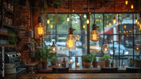 Fototapeta Ambient café interior with vintage bulbs and rustic wooden furniture creating a homey atmosphere.