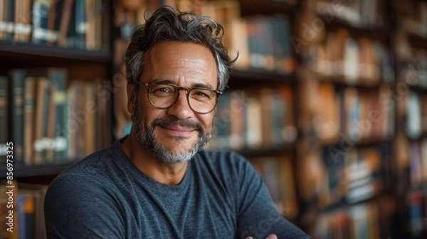 Fototapeta A middle-aged man with glasses stands in front of overflowing bookshelves, exuding an aura of intelligence and confidence, illuminated by soft indoor lighting.