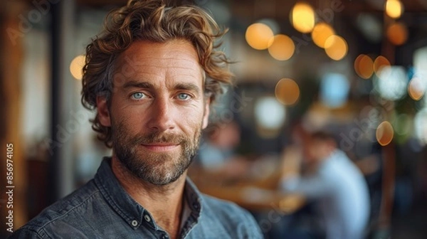 Fototapeta A man with curly hair and a beard smiling warmly, set against a lively, modern cafe background with warm lighting and blurred patrons in the background.