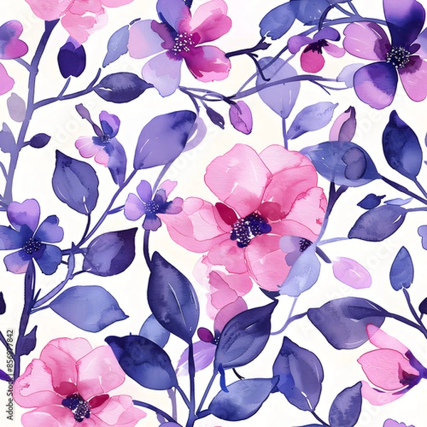 Fototapeta Seamless floral pattern with pink and purple watercolor flowers and leaves on a white background, perfect for fabric and wallpaper.
