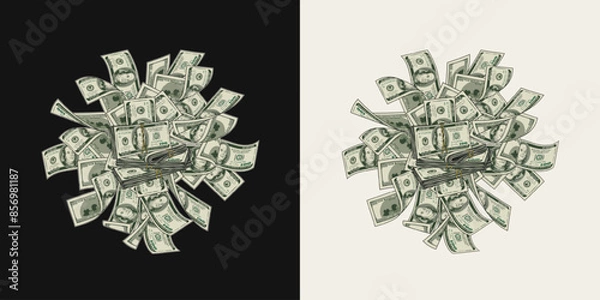 Fototapeta Money dollar circular composition like burst with pile of flying apart 100 dollar notes, banknotes. Design element in vintage style.