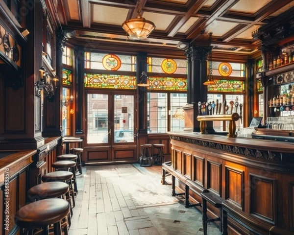 Obraz Elegant pub interior with a wooden bar, comfortable leather stools, and vibrant stained glass windows, exuding timeless charm