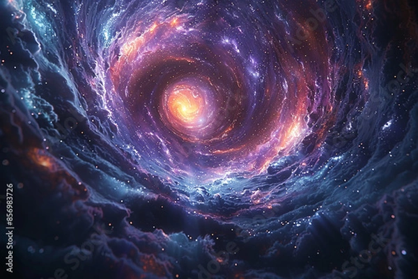 Fototapeta A mesmerizing cosmic vortex, with swirling clouds of vibrant nebulae and sparkling stars, drawing the viewer into a luminous galactic center