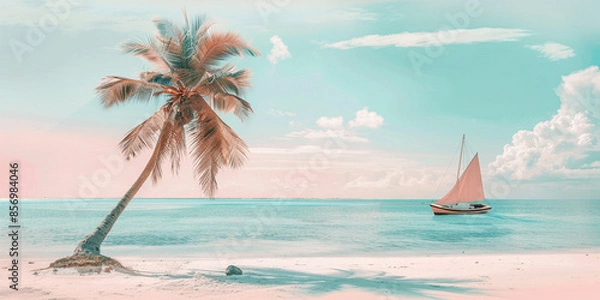 Fototapeta Illustration of a beach with a palm tree and sailboat in pastel colors, white sand, turquoise sea water