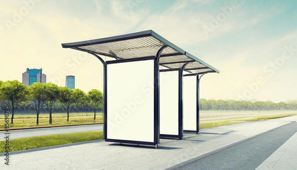 Fototapeta White bus stop billboard poster in a station with cars in moving in the background, Front view, mockup concept blank poster, city traffic
