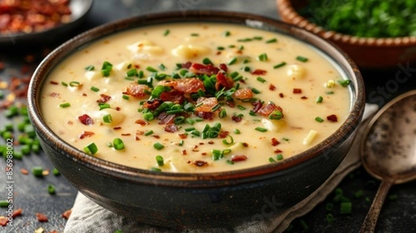 Fototapeta comfort food, a savory cheese soup topped with crispy bacon and chives, perfect for lunch or dinner