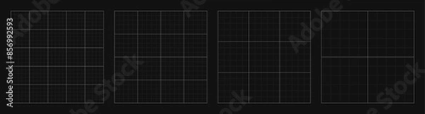 Fototapeta Set of square grid background with empty space on dark gray backdrop. Design of square graph paper, school math sheet, grid paper sheet, notebook pattern, architectural graph paper