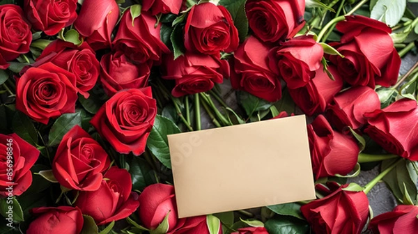 Fototapeta bouquet of roses, with a card, on the ground, top view, white background