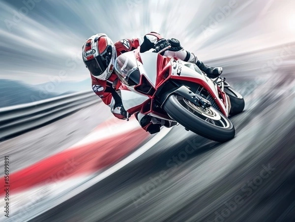 Fototapeta Professional motorcycle racer leaning into a high-speed turn on a racing track showcasing precision and agility.