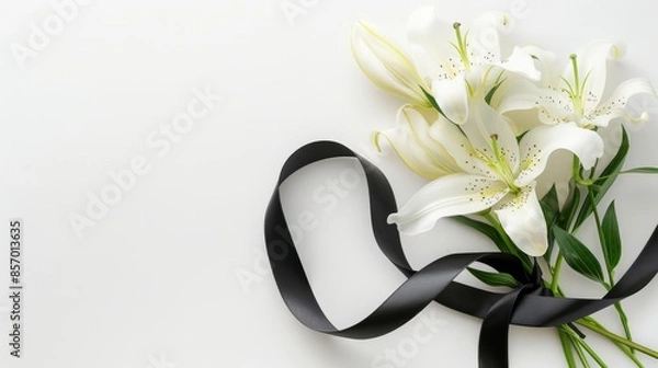 Fototapeta Beautiful lily flowers and black funeral ribbon on white background with space for text