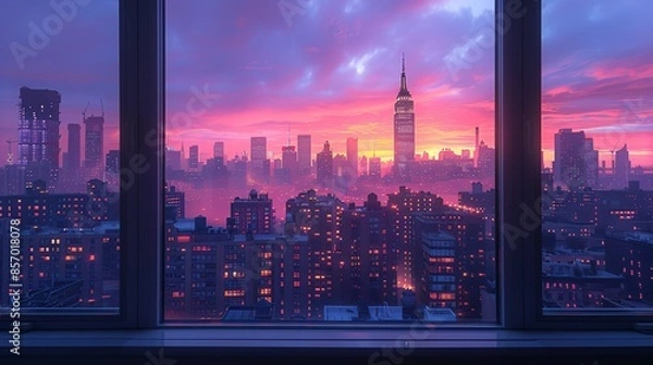 Fototapeta Urban Dawn: Dawn breaking over the city skyline, seen through a window, with the soft glow of morning light painting the buildings in pastel hues. Illustration, Minimalism,