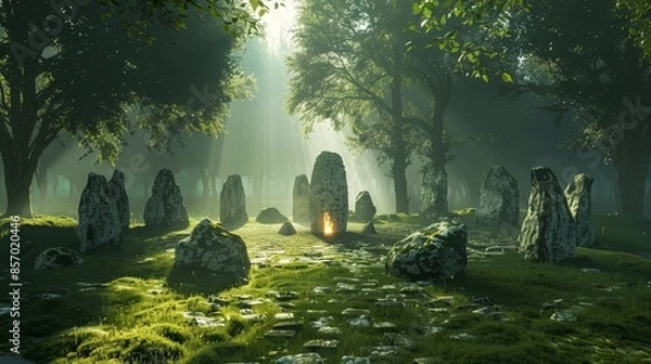 Obraz Visualize a mystical scene in an enchanted forest. Picture a circle of ancient stones with a magical fire burning at the center, casting an ethereal glow and creating an atmosphere of wonder 