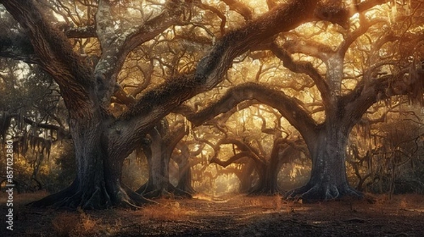 Fototapeta Visualize a tranquil grove of ancient trees in a secluded forest, their gnarled branches reaching skyward and their roots intertwining with the rich soil below.