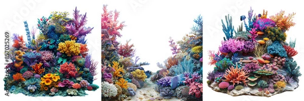 Fototapeta Colorful Coral Reef with Marine Flora and Fauna Set Isolated on Transparent or White Background, PNG