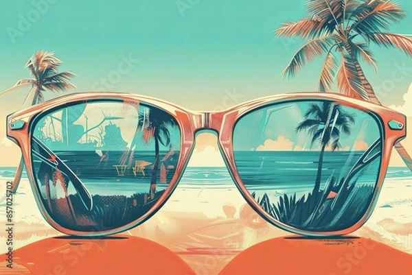 Fototapeta Stylish retro sunglasses reflecting a tropical beach: palm trees, turquoise ocean, white sand. Generative AI