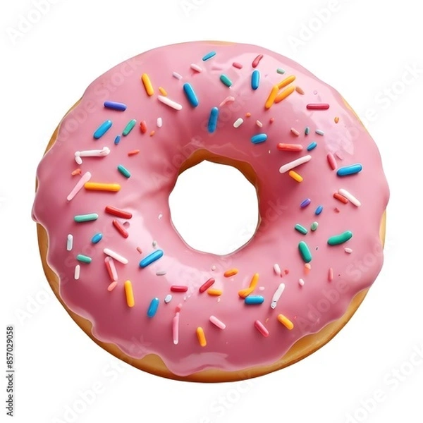 Obraz Isolated pink donut with sprinkles on a white background
