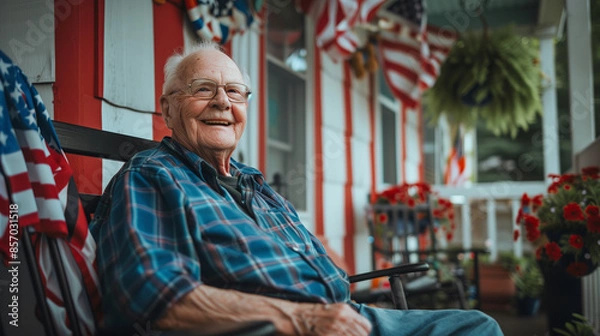 Fototapeta an elderly man sitting on his front porch with American flag decorations 