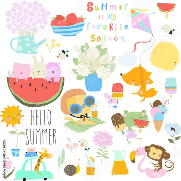 Fototapeta Vector Set with Funny Animals meeting Summer