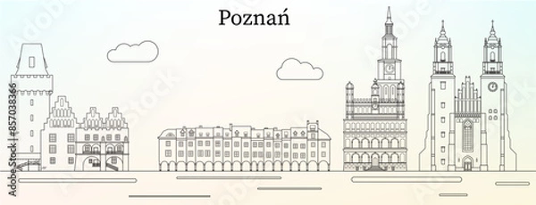 Obraz Poznan city skyline with main landmarks - line art vector illustration