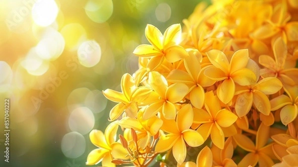 Obraz golden champa flowers bouquet under bright sun shine, close up of yellow flower