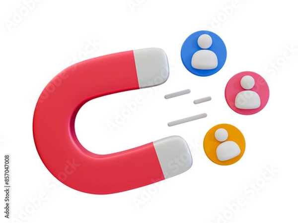 Fototapeta 3D illustration of a red magnet attracting user icons, symbolizing customer acquisition, marketing, and business strategy.