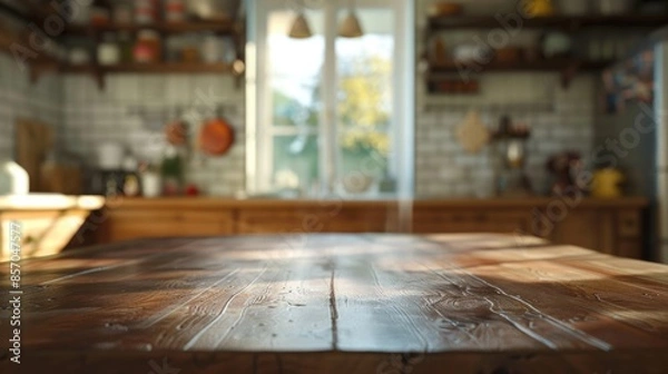 Obraz Wooden table top on blurred background. Perspective brown wooden table on blurred background in kitchen. Defocused interior of sun room.