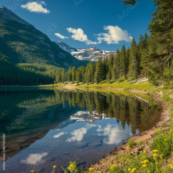 Obraz lake in the mountains |"Tranquil Greenery and Clear Waters"
